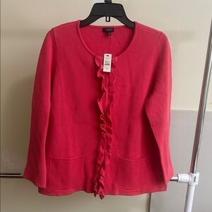 Talbots Hibiscus Pink Cotton Blend Ruffle Front Zip Up Cardigan Sweater Womens